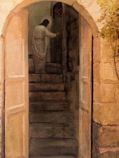 a painting of a man climbing up the stairs with his hand on an open door