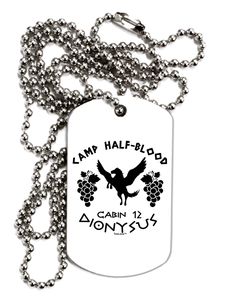 a dog tag that says lamp half blood with grapes on it and an eagle in the middle