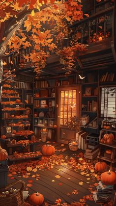 an autumn scene with pumpkins falling from the tree and bookshelves in the background