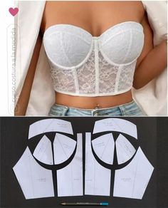 a woman wearing a white bra and cut out paper pieces to make it look like she is