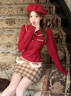 ❤︎ Source Waffle Doll Color Title Retro Tops❤︎ Retro Tops, Red Sweaters, Womens Fall, Knit Top, Waffles, Tights, Sauce, Womens Tops, Dolls