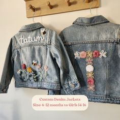 -Personalized Hand Embroidered Denim Jackets- Our new denim jackets can be customized to your little one's style! This custom jacket makes the absolute perfect gift for birthdays, baby showers, photoshoots, any special occasion or everyday wear. This will be a perfect piece for your little girl's spring wardrobe!   MATERIALS/FIT: Denim jackets are GAP brand and are made of 100% cotton.  They are a straight fit and hit at the hip.  The sleeves have button cuffs, made for easily rolling on warmer days and a button-snap front for easy closure. Please see graphics for size charts. **I recommend sizing up one size for a comfortable fit, or 2 sizes for a more oversized fit**  EMBROIDERY: For name- Please use our yarn colors graphic to pick a color.  For wildflowers- You can choose to use colors Denim Jacket Embroidery, Embroidery Jeans Jacket, Custom Jean, Custom Jean Jacket, Personalized Jacket, Kids Jackets, Custom Jeans, Embroidered Denim Jacket, Custom Denim