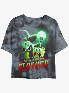 Lights flickered on and off. Phone rang with nobody there. Ghost bus arrived. It's the sash wringing-- the trash thinging-- mash flinging-- the Hash Slinging Slasher! This cropped SpongeBob SquarePants tee depicts the terrifying "Graveyard Shift" episode featuring Squidward's iconic ghost story.Please Note: wash pattern may varyLightweight 100% combed ring spun cottonWash cold; dry lowImportedListed in junior sizes Spongebob Merch, Spongebob Clothes, Hash Slinging Slasher, Baggy Tshirt, Spongebob Shirt, Trippy Clothes, Universal Studios Outfit, Horror Shirts, Graveyard Shift