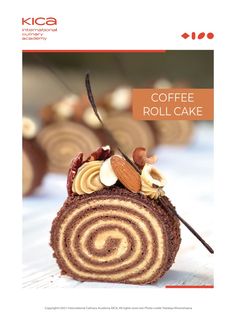 an advertisement for coffee roll cake with nuts on top