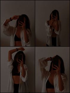 four pictures of a woman in white shirt and black pants covering her face with hands