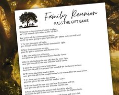 a family reunion pass the gift game with trees in the background and sun shining through