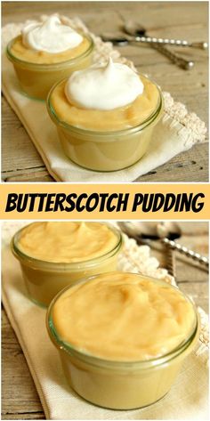 butterscotch pudding in small glass bowls with whipped cream on top