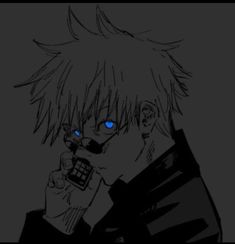 an anime character with blue eyes holding a cell phone to his ear and looking at the camera