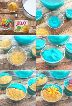 the process of making jello - o's is shown in several different bowls