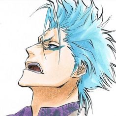 a drawing of a man with blue hair and an evil look to his left side