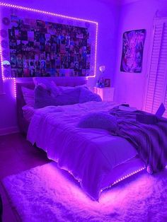 Quarto Néon e muitas inspirações Purple Room Decor, Aesthetic Bedroom Ideas, Purple Bedroom, Purple Rooms, Nails Green