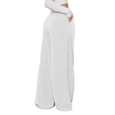 White Wide Leg Pants with Packet Casual White Full Length Dress Pants, White Stretch Wide Leg Pants With Pockets, Non-stretch White Dress Pants With Pockets, White Full-length Pants With Side Pockets, White Non-stretch Dress Pants With Pockets, White Baggy Pants For Work, White Full-length Dress Pants With Pockets, Casual White Dress Pants With Pockets, Baggy White Pants For Workwear