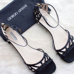 Size 40 Women's Suede Sandals Small Black Stones Brand New With Original Box And Dust Bag (Never Worn) Armani Shoes, T Strap Flats, Armani Women, Strappy Sandals Flat, Woven Sandals, Armani Black, Black Stones, Stiletto Sandals, Leather Block Heels