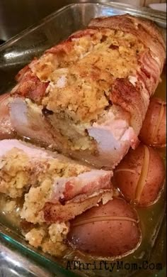 some meat and potatoes in a glass dish