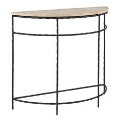 an iron and marble console table with curved metal frame, the top is made out of wood