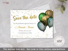 save the date card with balloons and confetti in gold foil on white paper