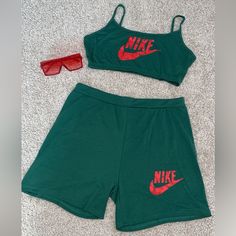 Never Worn Nike/Lv Print Set Nike Summer Loungewear Top, Nike Summer Tops For Loungewear, Green Athleisure Top For Leisure, Trendy Green Tops For Leisure, Nike Loungewear Tops, Fitted Nike Tops For Loungewear, Trendy Nike Stretch Tops, Trendy Stretch Nike Tops, Nike Lv