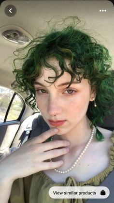 Cottage Core Aesthetic Makeup, Outfits With Green Hair, Green Aesthetic Hair, Green Hair Women, Green Hair Curly, Green Hair Makeup, Goblincore Hair, Curly Green Hair, Moss Green Hair