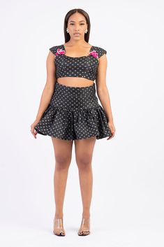 Embellished Quilted Cropped Bustier Top Mini Ruffle Skirt, Embellished Crop Top, Slow Fashion Movement, Pleated Sleeves, Short And Sweet, Quilted Fabric, Sustainable Fashion Brands, Black Floral Print, Bustier Top