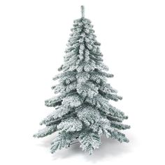 a small white christmas tree with snow on the top and bottom branches, standing in front of a white background