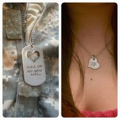 two pictures one with a dog tag and the other with a heart