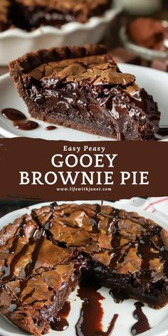 gooey brownie pie on a white plate with chocolate drizzle