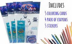 five coloring cards and 5 pack of crayons stickers with the title in front