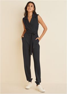 PONTE COLLAR JUMPSUIT in Black | VENUS Wedding Casual Outfit, Black Jumpsuit Dress, Spring Jumpsuits, Fashion Jumpsuits, Androgynous Outfits, Collar Jumpsuit, Jumpsuit Dressy, Swim Trends, Casual Rompers