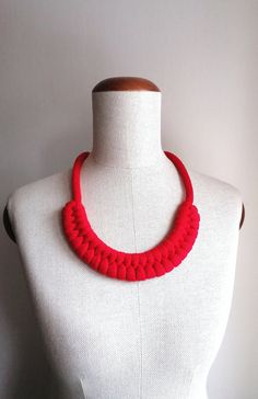 "Red Bold Knot Textile Handmade Necklace, Statement Red Necklace, Red Holiday Necklace for Women, Woven Jewelry, Contemporary Statement Necklace, Fashion Simple Jewelry for Women. Colorful, Light, Soft and Cool... Perfect for to make your outfit more exciting! AVAILABLE IN 37 COLORS   & 4 SIZES CREATED AND MADE  IN SWEDEN BY ME. To this necklace model I gave the name of \"ASTRID\"  Like the Swedish writer  ASTRID LINDGREN \"Everything great that ever happened in this world happened first in some Red Statement Necklace, Bold Red Handmade Necklace, Red Necklaces, Necklace Fabric, Woven Jewelry, Necklace Model, Holiday Necklace, Color Lipstick, Lipstick Red