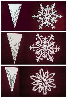 four different snowflakes are shown in white on red paper, and one is drawn with