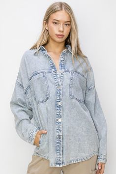 Acid Wash Denim, Button Up Long Sleeve, Long Sleeves Jacket, Changing Seasons, Casual Look, Denim Shirt, Denim Wash, Short Tops, Outerwear Jackets