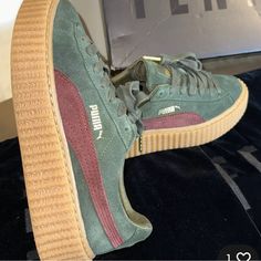 Elevate Your Sneaker Game With These A8 Auth Puma Fenty X Rihanna Green Suede Creepers Sneaker Shoes. Featuring A Low Top Shoe Shaft Style, Lace-Up Closure, And A Comfortable Leather Lining Material, These Sneakers Are Perfect For Any Athletic Occasion. The Rubber Outsole Material Provides Durability And Support, While The Suede Upper Material Gives Off A Stylish And Trendy Vibe. With A Uk Shoe Size Of 3.5 And A Us Shoe Size Of 6, These Sneakers Are Designed For Women Who Appreciate Quality And Green Leather Puma Sneakers, Green Puma Sneakers With Round Toe, Rihanna Green, Womens Puma Sneakers, Puma Women Shoes, Suede Creepers, Puma Fenty, White Platform Sneakers, Women Platform Sneakers