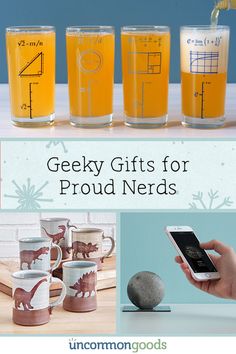 various mugs and glasses with the words geeky gifts for proud nerds