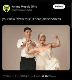 an image of a man and woman posing for a photo with the caption'your new draw this is her, artist homes '