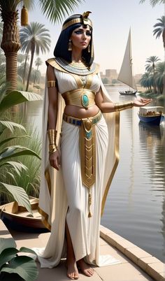 an egyptian woman standing on the edge of a body of water with palm trees in the background