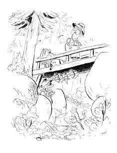 a black and white drawing of a person on a bridge in the woods with trees