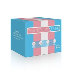 a box of transsenx tape sitting on top of a white table next to a blue and pink box