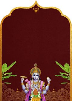 the god is standing in front of a red background with gold trimmings and green leaves