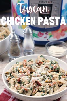 a white bowl filled with pasta next to an instant pressure cooker and other ingredients