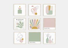 six framed art prints with different shapes and colors on them, including pink, green, yellow