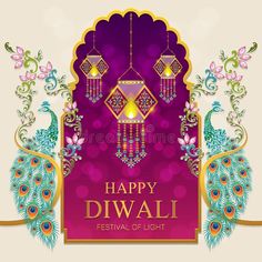 happy diwali festival with peacocks and flowers royalty illustration