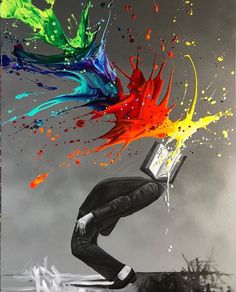 a painting of a man jumping in the air while holding an open book