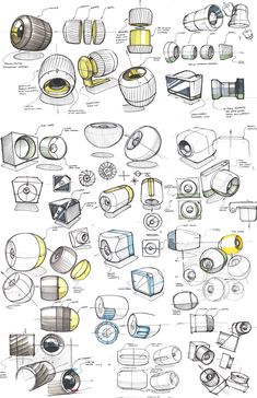 a bunch of drawings that are on top of a white sheet with black and yellow lines