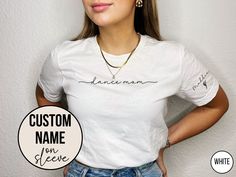 Welcome to MDTrends!   Introducing our 'Dance Mom' t-shirt, the perfect way to cheer for your favorite dancer. This cozy and customizable shirt is designed just for you, with a special touch. Personalize it with your dancers names printed on the sleeve, creating a unique and cherished keepsake. Whether you're treating yourself or searching for a heartwarming gift, this shirt is the ideal choice. Wear it with pride, showing the world that you're a proud mama who cheers for her dancer everyday, es Fitted Crew Neck Top For Dance, Fitted Crew Neck T-shirt For Dance, Relaxed Fit T-shirt For Dance With Short Sleeves, Fitted T-shirt With Name Print For Dance Class, Fitted Letter Print T-shirt For Dance Class, Pre-shrunk Short Sleeve T-shirt For Dance, Fitted Crew Neck T-shirt For Dance Class, White Short Sleeve T-shirt For Dance, Fitted Cotton T-shirt For Dance Class