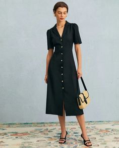 The Black V Neck Button Puff Sleeve Midi Dress - Black V Neck Button Midi Dress With Sleeves - Black - Dresses | RIHOAS Puff Sleeve Design, Puff Sleeve Midi Dress, Tailored Clothes, Black Dress With Sleeves, Work Dresses, V Neck Midi Dress, Midi Short Sleeve Dress, Vintage Style Dresses, Clothing Design