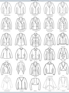 men's jacket sizes chart for different types of jackets and sweaters, with the names