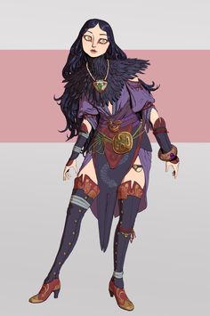 a drawing of a woman with long black hair and purple clothes, standing in front of a