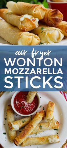 two plates with different types of food on them and the title says, any fryer wonton mozzarella sticks