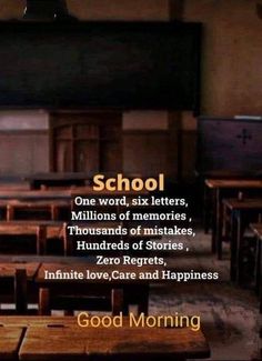 an empty classroom with desks and television in the background, saying school one word, six letters, millons of memories, thousands of misstakes, hundreds of stories, hundreds of stories, zero