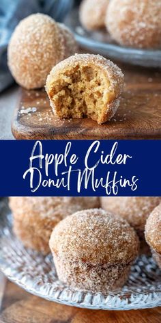 apple cider donut muffins on a plate with the bite taken out